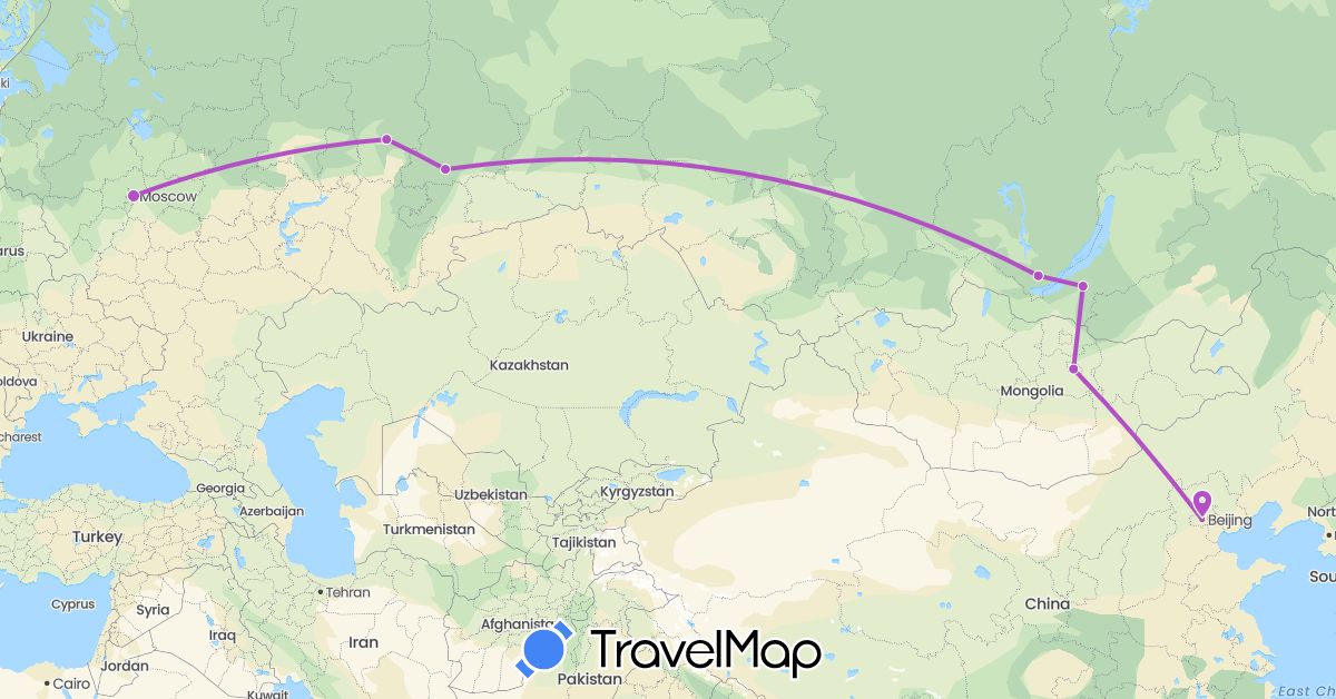 TravelMap itinerary: driving, train in China, Mongolia, Russia (Asia, Europe)